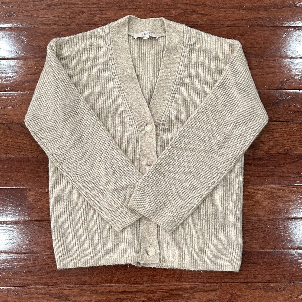 LOFT Beige Ribbed Cardigan Sweater